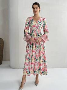 Yasmyna Women's V-Neck Floral Print Mesh Splice Elegant Waist Cinched Party Arabic Dress - Pink - View 7