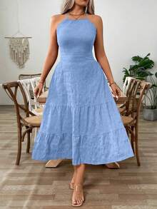 SHEIN Clasi Plus Size Women Solid Color Backless Ruffle Hem Halter Neck Vacation Dress - Blue - View 6