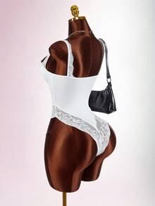 Amplova 2026 New Sexy Contrast Lace Satin Low-Cut Bodysuit For Women - White - View 7