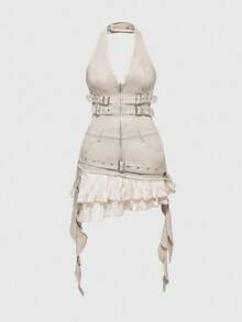 ROMWE Grunge Punk Spring/Summer Y2K Distressed Design Ruffle Tie-Up Patchwork Women's Halter Neck Denim Dress - Apricot - View 1