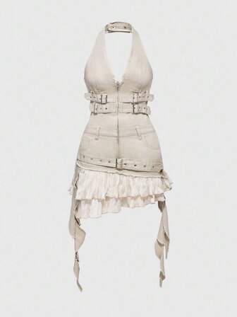 Grunge Punk Vestido de mezclilla con cuello de halter, diseño de parches, volantes y lazos, estilo Y2K distressed para mujeres