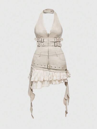 ROMWE Grunge Punk Spring/Summer Y2K Distressed Design Ruffle Tie-Up Patchwork Women's Halter Neck Denim Dress