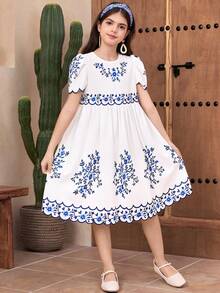 SHEIN Đầm Abaya Ramadan thoải mái, tối giản, cổ điển, họa tiết hoa, viền sóng, màu xanh dương, dành cho bé gái tuổi teen. - màu đen - Xem 8