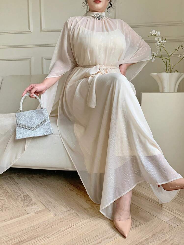 Dazy Plus Valentine Elegant Long Sequin Chiffon Robe, Bodycon Spaghetti Strap Dress, Batwing Sleeve Long Robe, 2-Piece Set For Party