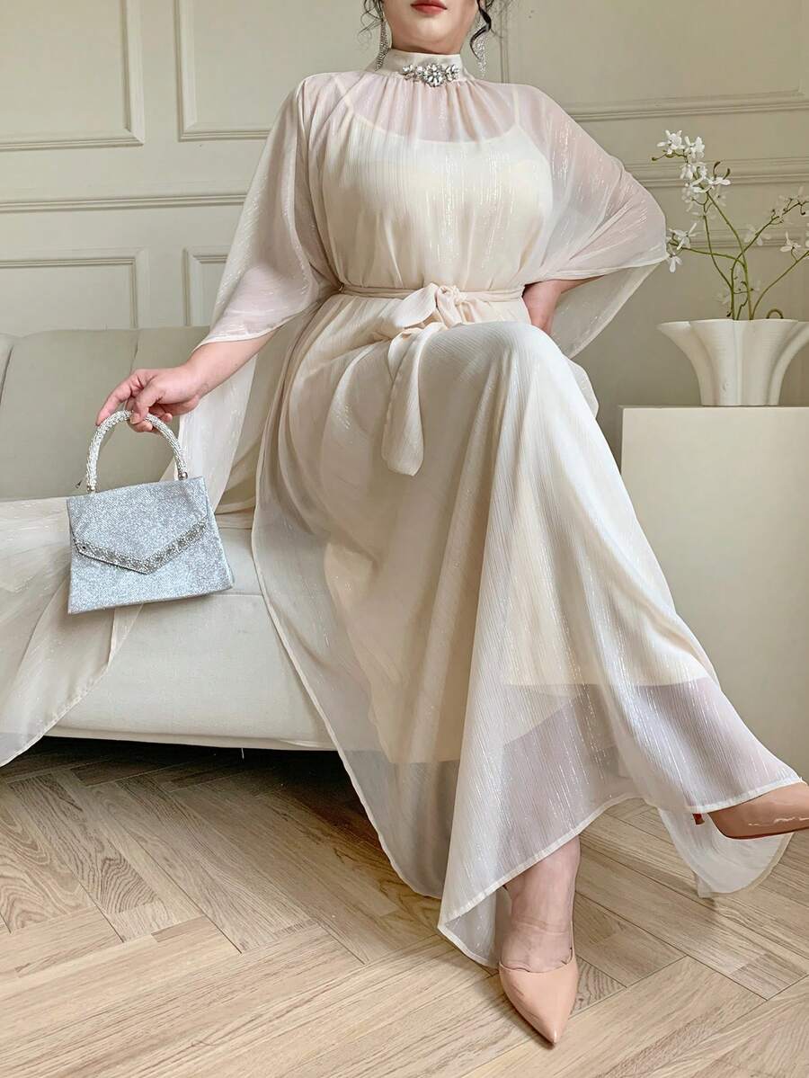 Dazy Plus Valentine Elegant Long Sequin Chiffon Robe, Bodycon Spaghetti Strap Dress, Batwing Sleeve Long Robe, 2-Piece Set For Party - Apricot - View 1