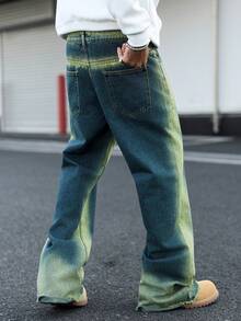 Manfinity EMRG 男士口袋纽扣撞色毛边休闲百搭通勤喇叭牛仔裤 - 中等水洗藍 - 查看 2
