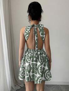 Elenzga Đầm mini thời trang không tay, hở lưng, buộc dây, in họa tiết cây cỏ dành cho nữ, thích hợp cho kỳ nghỉ. - màu xanh lá - Xem 2