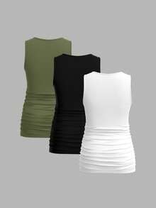 Modmama 3pcs Tank Top Wanita Hamil Warna Polos yang Melangsingkan, Kasual & Sederhana, Sempurna untuk Musim Panas - Hijau Tentara - View 2