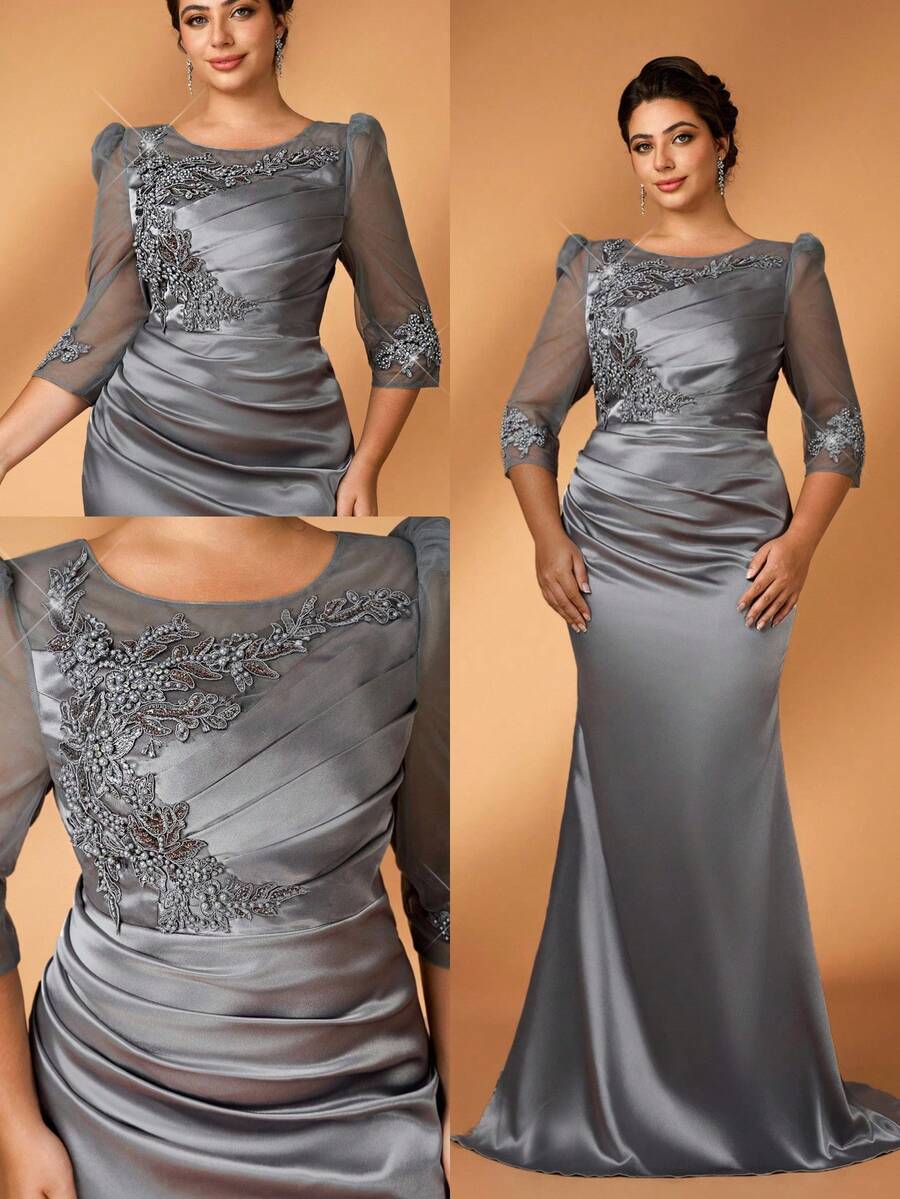 Serin Váy xẻ tà thấp bằng vải satin màu xám than sang trọng, thanh lịch cỡ lớn, thêu hạt cườm, viền đuôi cá, thích hợp cho dạ hội, tiệc độc thân, hẹn hò, vũ hội, kỳ nghỉ, đám cưới, mẹ cô dâu, khách