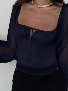 Aloruh Ruched Gathered Waist Flared Hem Textured Fabric Long Sleeve Blouse For Women - Blue - View 6