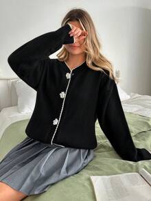 SHEIN Black Lightweight Knit Cardigan With Contrast Trim And 3D Flower Buttons Elegant Chic Long Sleeve Sweater Spring Outfit - Black - View 6