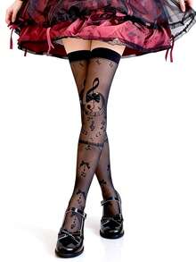 ROMWE Anime 1 Pair Of Lolita Lolita Sweet Bow Music Note Print Stockings Women's Knee Socks - Black - View 4