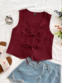 Soleia 休闲度假、西部海滩、婚礼宾客着装、毕业典礼、早午餐、圣帕特里克节、春假、复活节、音乐节、优雅波西米亚风、热带风情纹理面料蝴蝶结系带红色吊带背心，春夏 - 酒紅色 - 查看 4