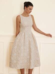 Aveloria EMERY ROSE Đầm midi không tay, chất liệu jacquard mới, có túi ở eo. - Màu be - Xem 5