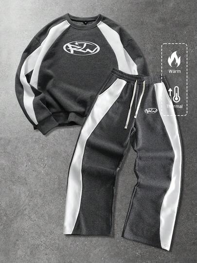 Set felpa con cappuccio unisex con stampa logo e patchwork, stile casual americano da strada per autunno/inverno