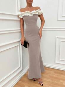 EURMUSE Two Tones Off Shoulder Ruffle Trim Bodycon Dress, Elegant Dress - Mocha Brown - View 5