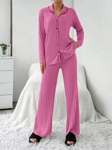 EURMUSE Set de 2 piezas de pijama con cárdigan acanalado de color contrastante - Rosa - Ver 3