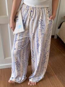 Dazy Plus 时尚休闲碎花不对称条纹宽松直筒睡裤 - 藍色 - 查看 8