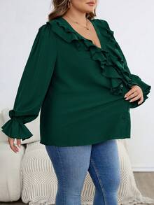 SHEIN CURVE+ Áo sơ mi nữ cỡ lớn viền bèo nhún chủ đề ngày lễ - Màu xanh lá cây đậm - Xem 4