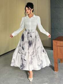 Dazy Plus Elastic Waist Ink Painting Asymmetrical Print Loose A-Line Skirt, Elegant - Apricot - View 4