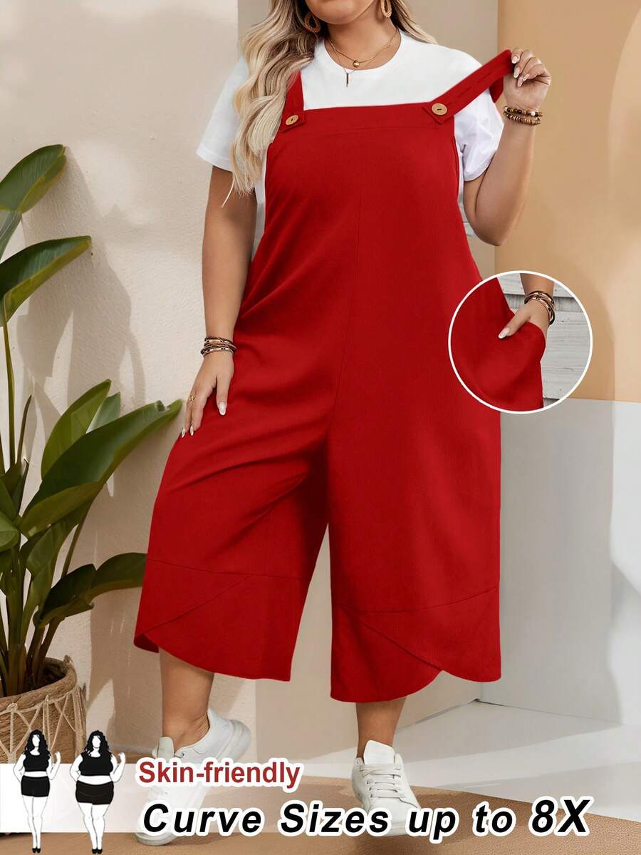 SHEIN CURVE+ Quần yếm nữ cỡ lớn màu đen với dây đeo có thể điều chỉnh, cài nút và túi ở ống quần xẻ tà, thích hợp cho mùa xuân. - Đỏ - Xem 1
