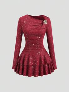 SHEIN PETITE Đầm ngắn tay dài lệch vai đính sequin lấp lánh với viền bèo nhún, điểm nhấn ánh kim, thích hợp cho mùa xuân và mùa thu. - Màu Đỏ Sâu - Xem 1