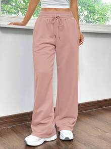 SHEIN EZwear 女士夏季休闲宽松直筒运动裤，莲藕粉色 - 粉色 - 查看 4