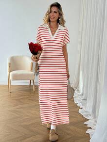 SHEIN LUNE 女士休闲条纹 Polo 领红色情人节连衣裙 - 彩色 - 查看 3