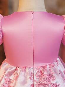 Glamorique Kids 优雅生日派对泡泡袖缎面连衣裙，提花裙摆，女婴万圣节服装 - 粉色 - 查看 3