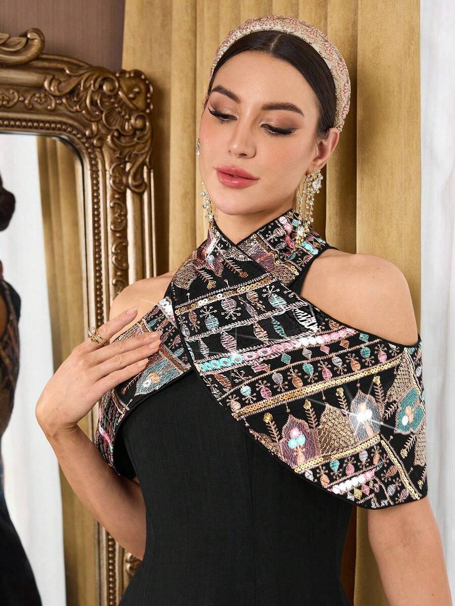 Al Najma Đầm nữ trễ vai thanh lịch kiểu vintage phối màu - màu đen - Xem 1