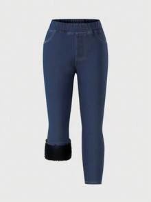 Jeans de niña, forro térmico azul, ajuste slim, versátil para todo uso, otoño/invierno - Azul lavado oscuro - Ver 4