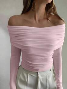 DAZY Women's Off Shoulder Fitted T-Shirt, Autumn/Winter New Arrival Long Sleeve - Baby Pink - View 4
