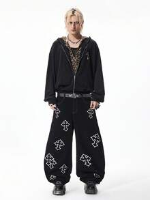 ROMWE MEN 男士印花弯刀黑色牛仔裤 - 黑色 - 查看 6