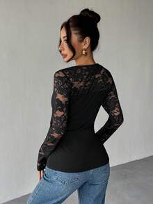 Islaluna Women's Fashionable Elegant V-Neck Lace Patchwork Long Sleeve T-Shirt - Black - View 2