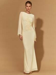 COSMINA 女士奶油黄喇叭袖长袖网纱荷叶边下摆纯色简约连衣裙，适合派对和婚礼，淡黄色连衣裙，纯色连衣裙，情人节连衣裙，女士情人节服装，女士春季服装，派对连衣裙，优雅派对连衣裙，女士婚礼宾客连衣裙，婚礼宾客连衣裙，生日连衣裙，夏季连衣裙，美人鱼连衣裙，鱼尾连衣裙，简约褶皱连衣裙，优雅连衣裙 - 淡黃色 - 查看 5