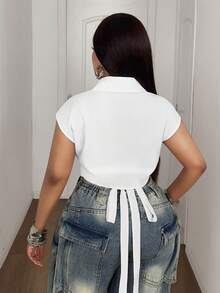 Maweii Blusa de moda sin mangas con cruce y lazo delantero para tallas grandes - Blanco - Ver 3