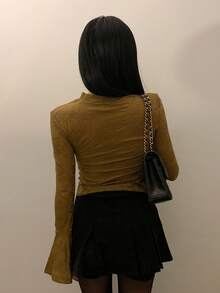 DAZY Women's Textured Fabric Fitted Long Sleeve Flare Cuff Crew Neck Sexy Elegant T-Shirt Going Out Tops Women - Ginger - View 3