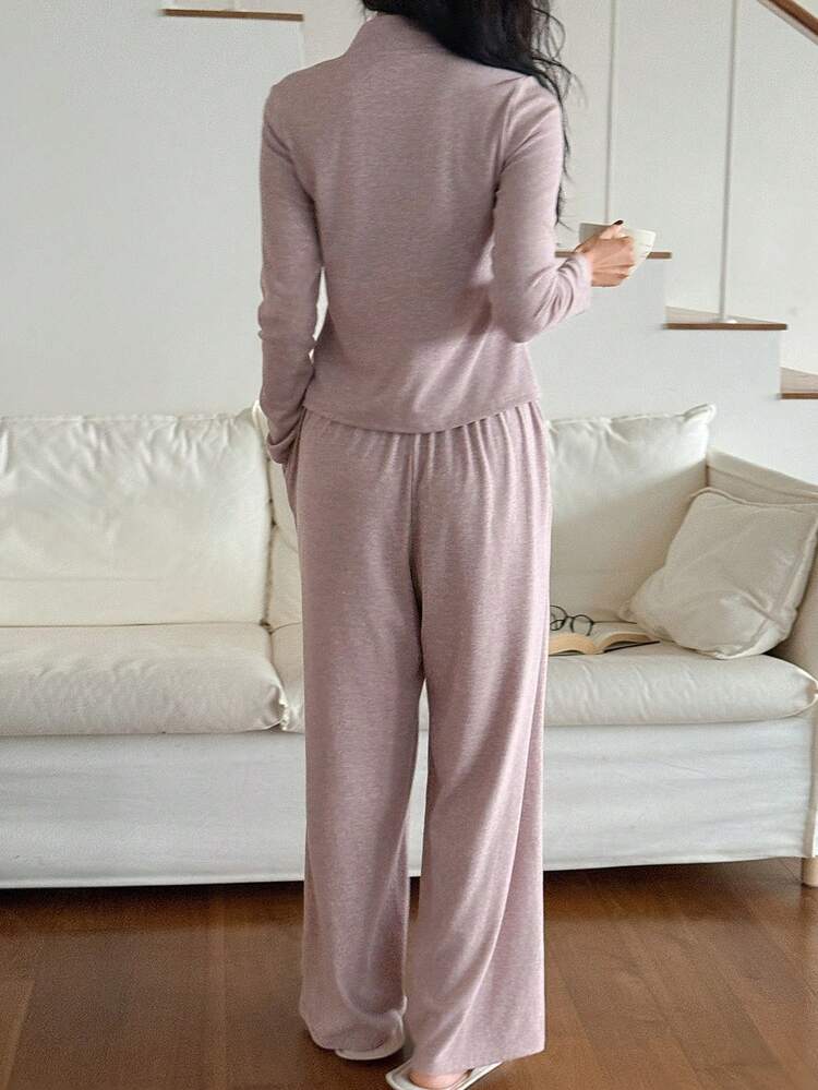 Relaxed Minimalist Knit Drawstring Collar Women Pajama Set