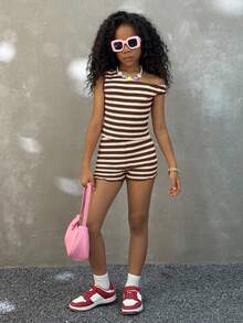 Coolane Kids 少女 Soleia 两件套节日条纹针织不对称肩部修身上衣和超低腰紧身短裤，适合派对、圣诞节、情人节、约会、海滩、邮轮、狂欢节、复活节等场合。 - 咖啡棕 - 查看 4