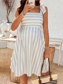SHEIN 孕妇夏季度假条纹系带吊带连衣裙 - 彩色 - 查看 5