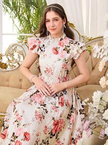 SHEIN Teen Girl Ruffled Collar Double Layer Cap Sleeve Pleated Hem Printed Dress - Multicolor - View 5