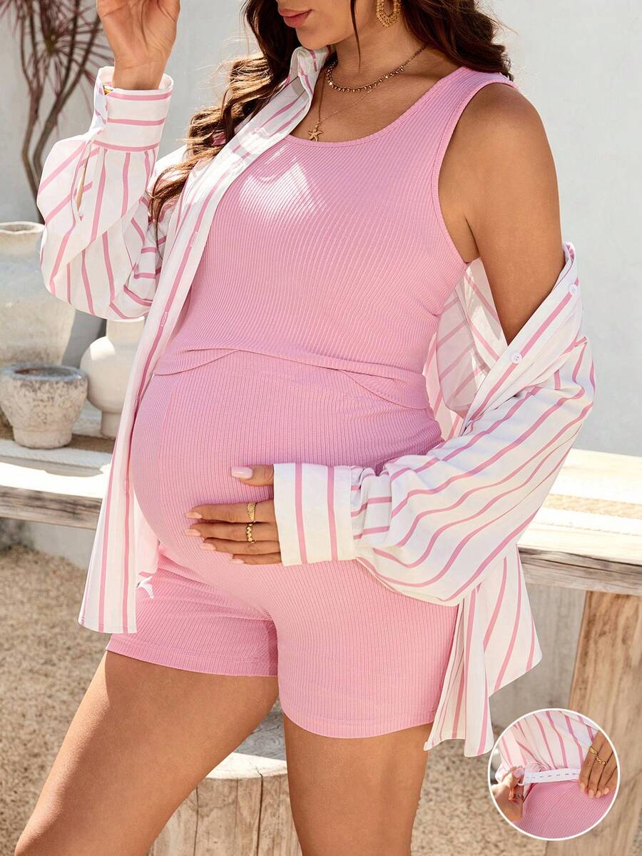 SHEIN Vestido acanalado sólido de maternidad y camisa casual de manga larga con cuello vuelto y un solo botón en la parte delantera - Rosa - Ver 1