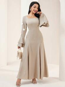 Veilorie Đầm nữ tay bồng họa tiết hoa 3D kiểu dáng kín đáo, thường ngày. - Màu Khaki - Xem 3