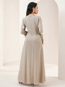 Veilorie Đầm nữ tay bồng họa tiết hoa 3D kiểu dáng kín đáo, thường ngày. - Màu Khaki - Xem 6