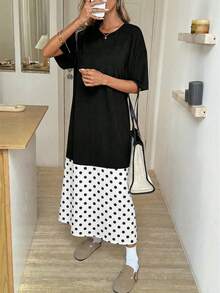 SHEIN LUNE Vestido midi feminino casual de verão com estampa de bolinhas e patchwork, ideal para férias, trabalho e uso diário. Manga curta. - Preto e Branco - Ver 4