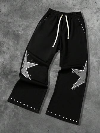 Pantaloni della tuta da uomo con stampa a pentagono, vita con coulisse e tasche, gamba ampia e morbida