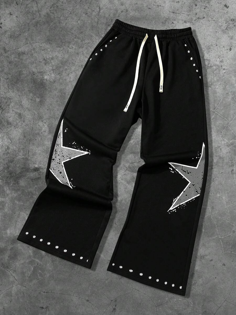 ROMWE MEN 男士五角星印花抽绳腰带口袋阔腿宽松运动裤 - 黑色 - 查看 1