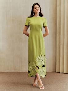 Anewsta Đầm suông tay ngắn, eo thẳng, màu trơn, thêu tinh xảo và đính hạt cườm, đầm dài cho nữ - màu xanh lá - Xem 6