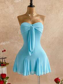 Soleia 新款度假西部海滩婚礼宾客着装毕业早午餐女士圣帕特里克节春假复活节音乐节优雅波西米亚热带风情吊带系带蓝色网纱迷你连衣裙 - 藍色 - 查看 4