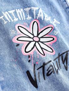 SHEIN Girlism Quần jeans ống rộng màu xanh nhạt dáng suông dành cho thiếu nữ, họa tiết graffiti hình trái tim, hoa, bướm và chữ cái. - Rửa nhẹ - Xem 5